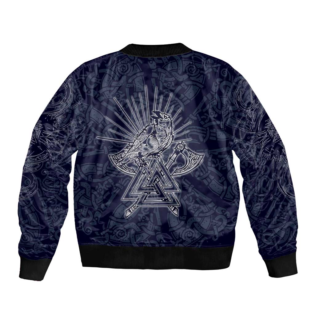 Odin Silhouette with Raven and Valknut Bomber Jacket Nordic Mythology Line Art Illustration