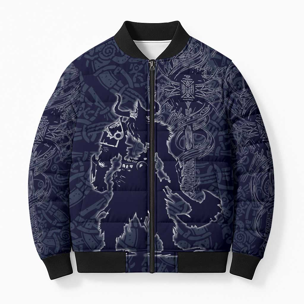 Odin Silhouette with Raven and Valknut Bomber Puffer Jacket Nordic Mythology Line Art Illustration