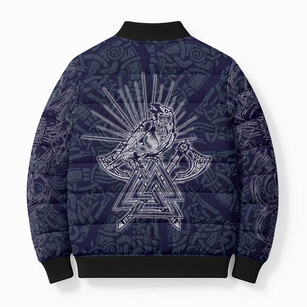 Odin Silhouette with Raven and Valknut Bomber Puffer Jacket Nordic Mythology Line Art Illustration