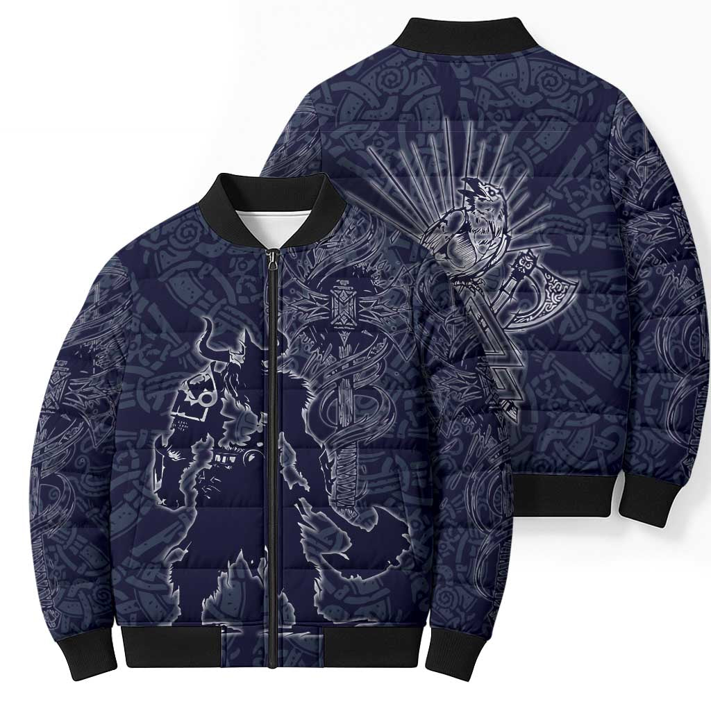 Odin Silhouette with Raven and Valknut Bomber Puffer Jacket Nordic Mythology Line Art Illustration