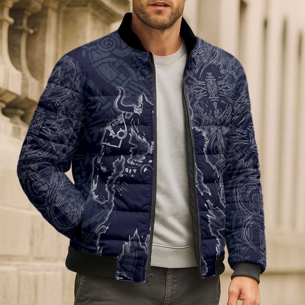 Odin Silhouette with Raven and Valknut Bomber Puffer Jacket Nordic Mythology Line Art Illustration