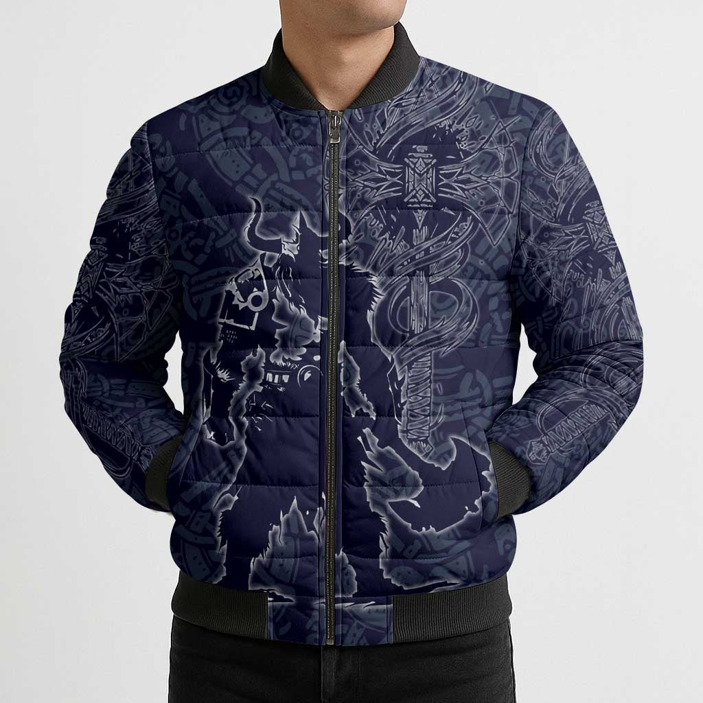 Odin Silhouette with Raven and Valknut Bomber Puffer Jacket Nordic Mythology Line Art Illustration