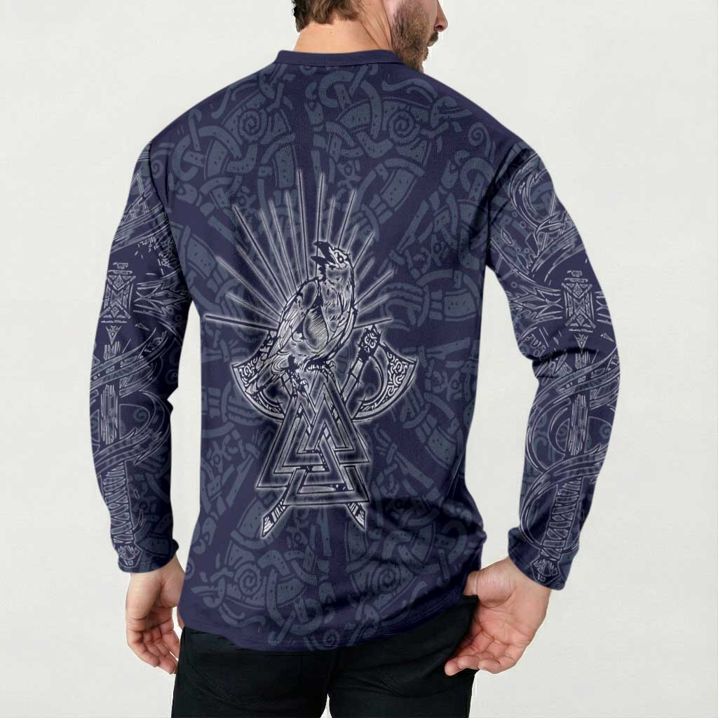 Odin Silhouette with Raven and Valknut Button Sweatshirt Nordic Mythology Line Art Illustration