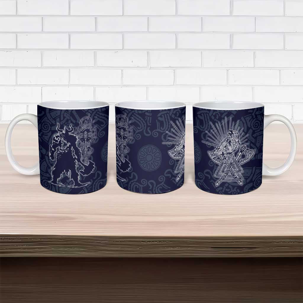 Odin Silhouette with Raven and Valknut Ceramic Mug Nordic Mythology Line Art Illustration
