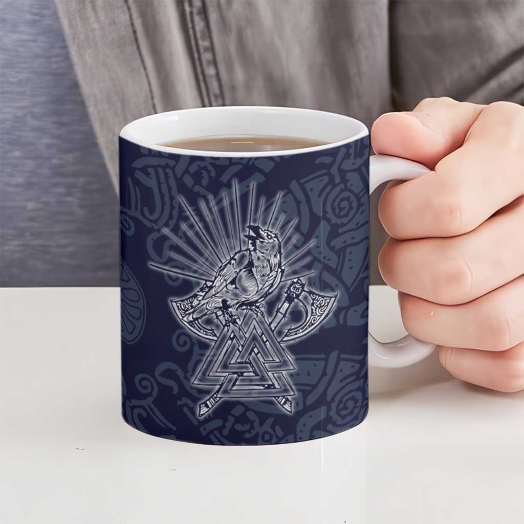 Odin Silhouette with Raven and Valknut Ceramic Mug Nordic Mythology Line Art Illustration