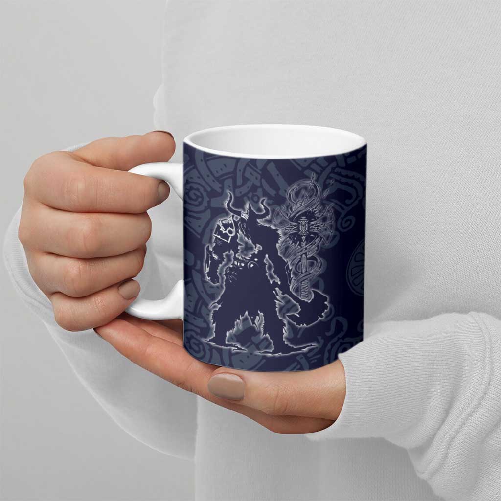 Odin Silhouette with Raven and Valknut Ceramic Mug Nordic Mythology Line Art Illustration