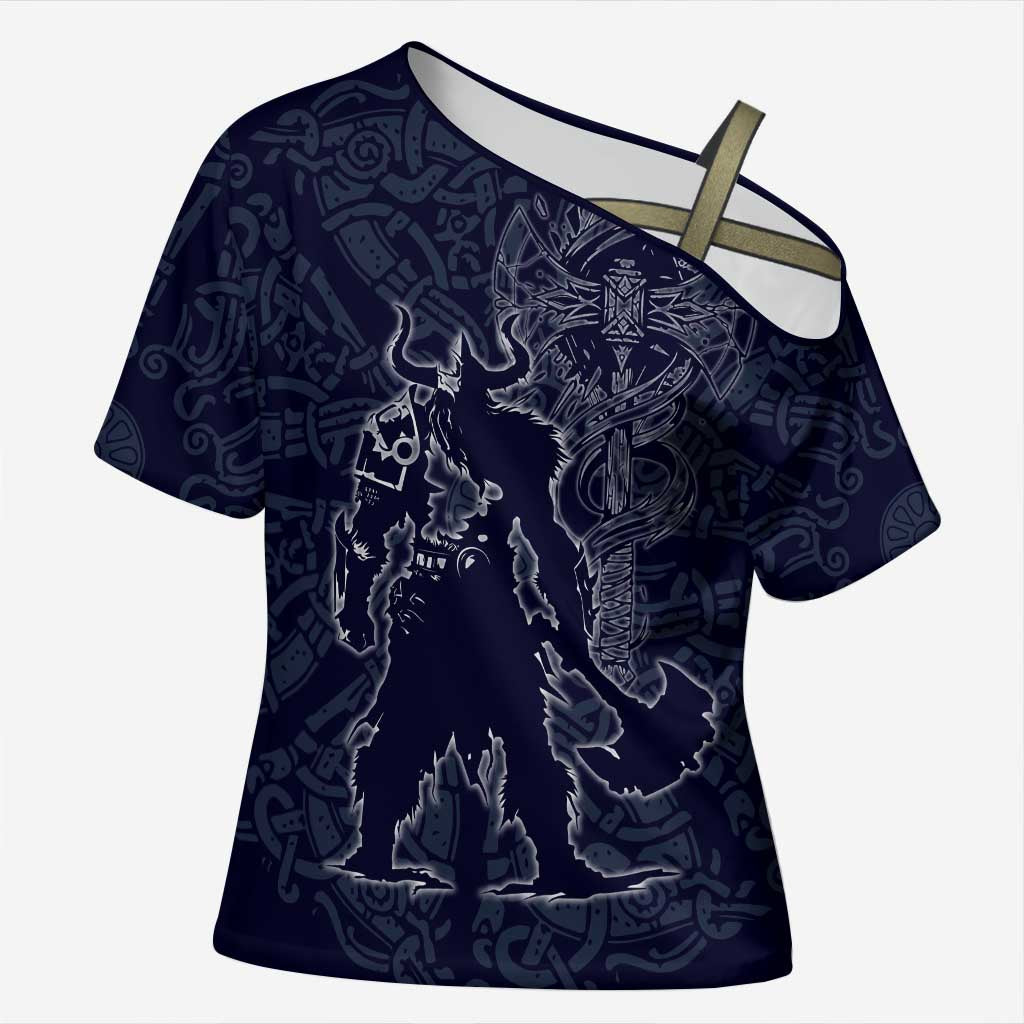 Odin Silhouette with Raven and Valknut Cross Shoulder Shirt Nordic Mythology Line Art Illustration