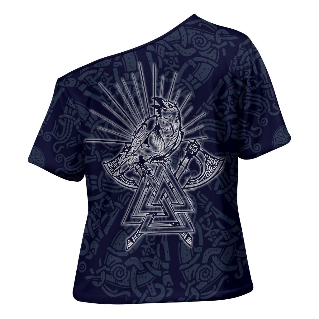 Odin Silhouette with Raven and Valknut Cross Shoulder Shirt Nordic Mythology Line Art Illustration