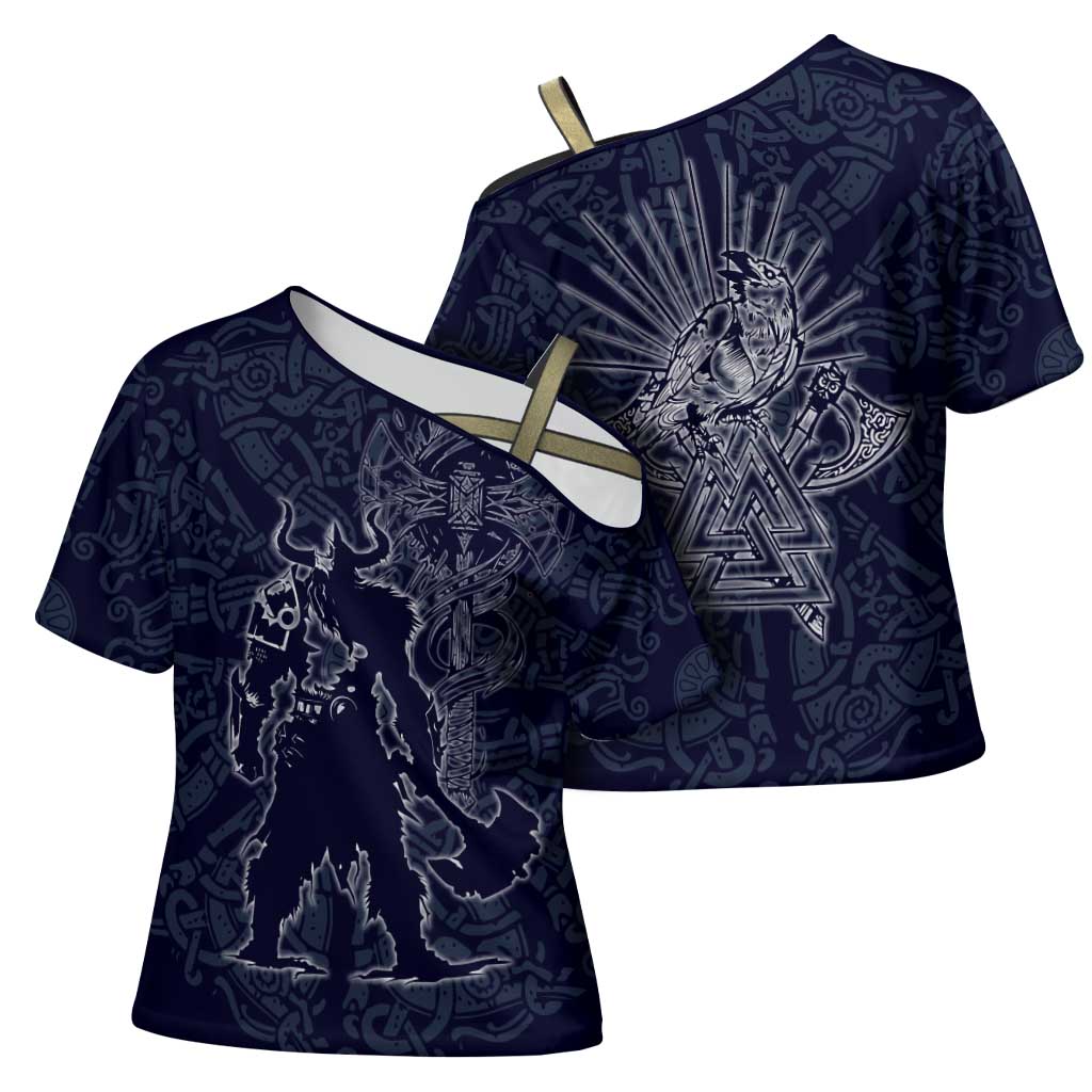 Odin Silhouette with Raven and Valknut Cross Shoulder Shirt Nordic Mythology Line Art Illustration