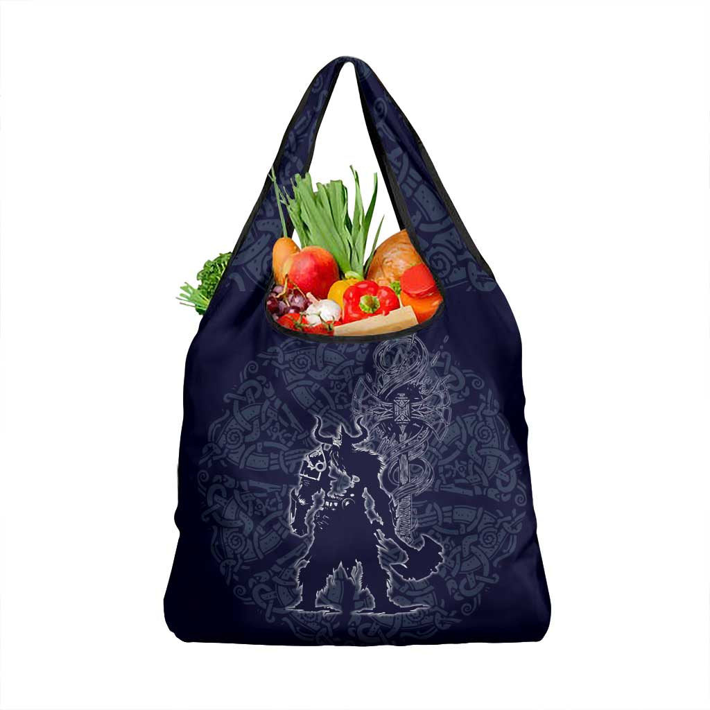 Odin Silhouette with Raven and Valknut Grocery Bag Nordic Mythology Line Art Illustration