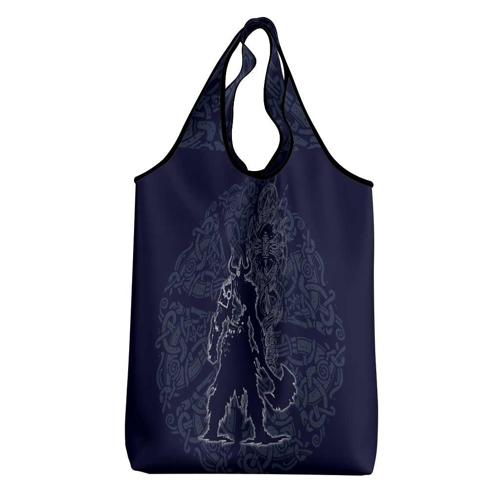 Odin Silhouette with Raven and Valknut Grocery Bag Nordic Mythology Line Art Illustration