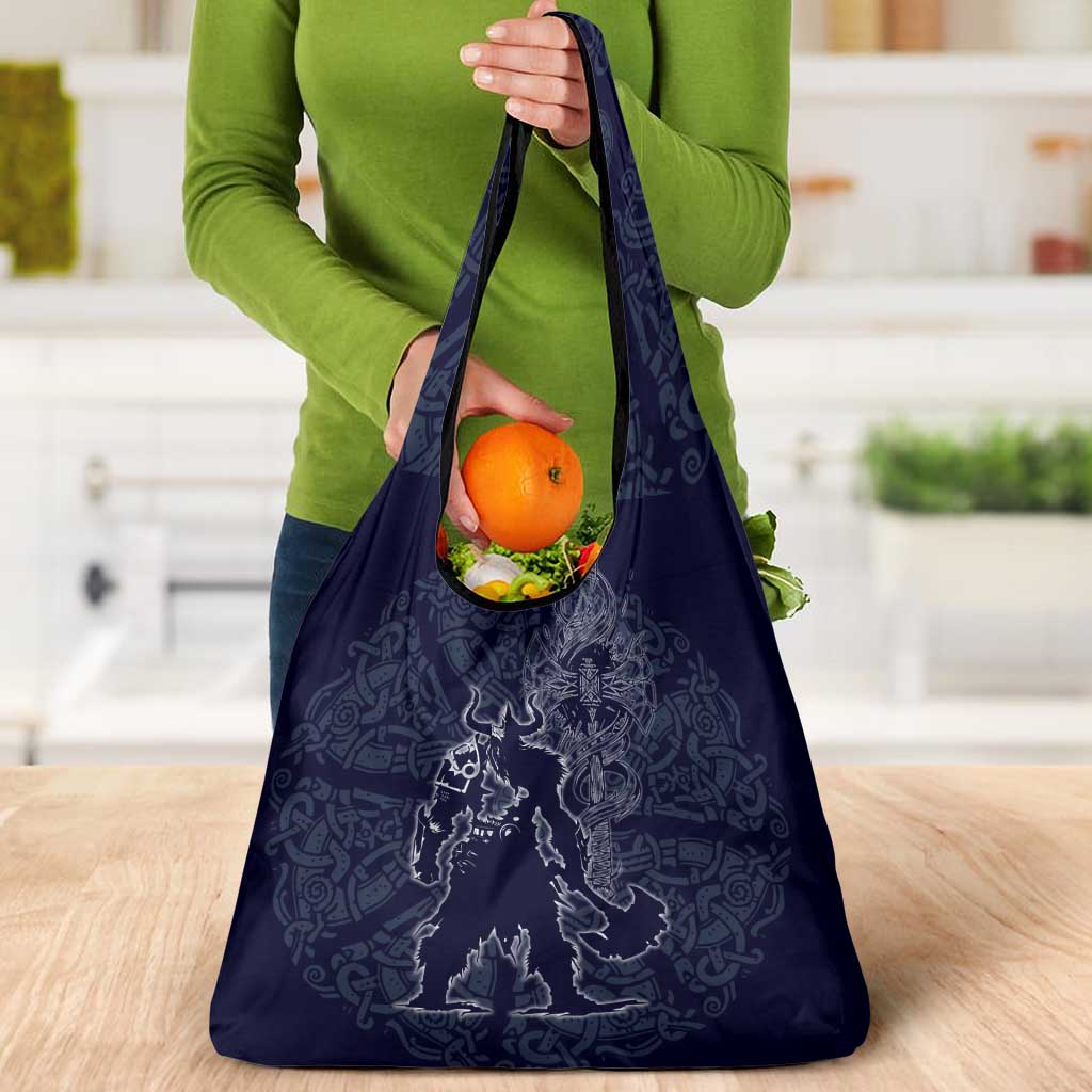 Odin Silhouette with Raven and Valknut Grocery Bag Nordic Mythology Line Art Illustration