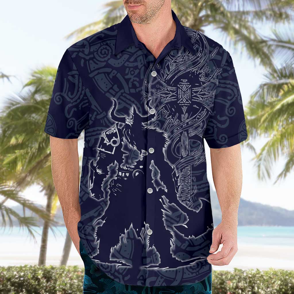 Odin Silhouette with Raven and Valknut Hawaiian Shirt Nordic Mythology Line Art Illustration