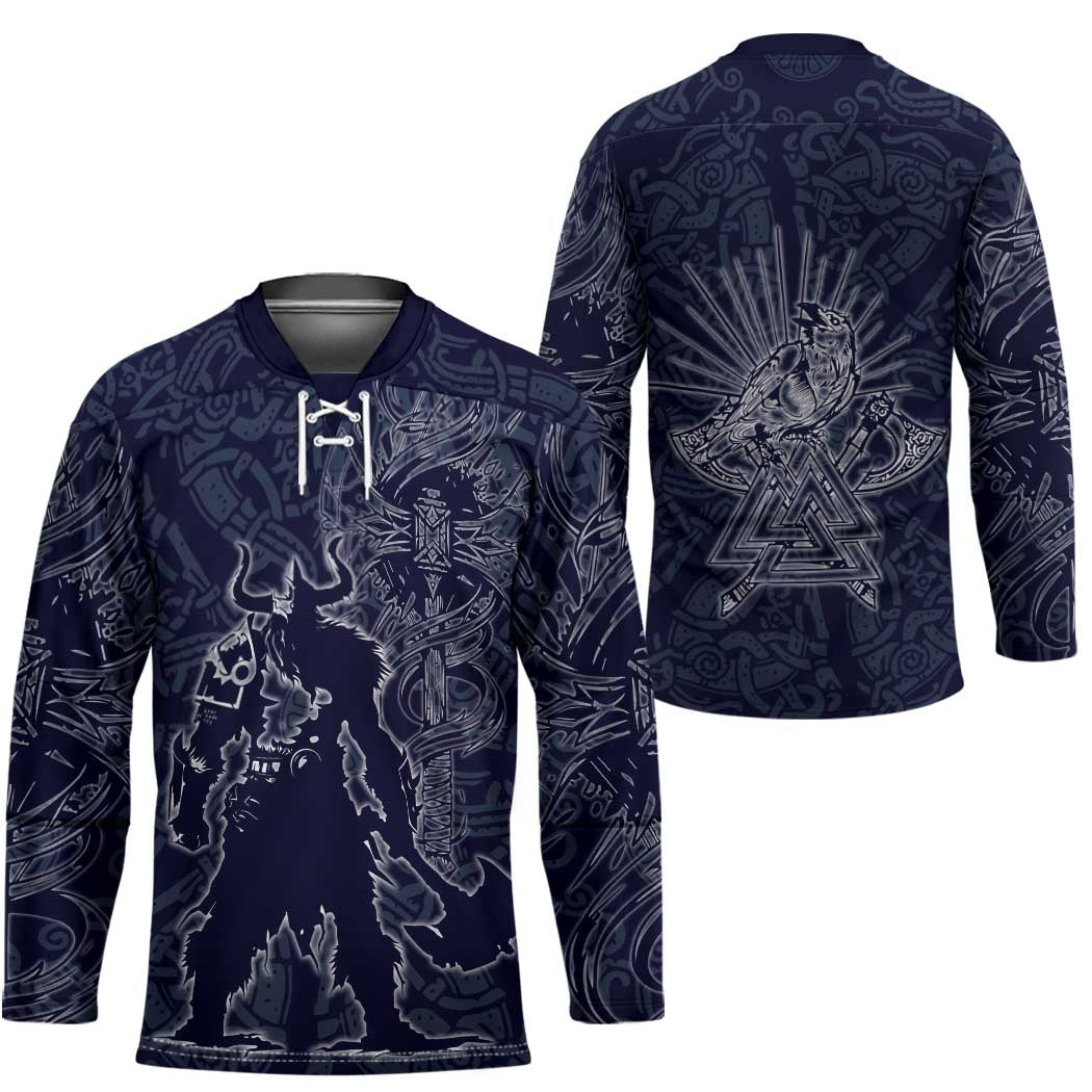 Odin Silhouette with Raven and Valknut Hockey Jersey Nordic Mythology Line Art Illustration