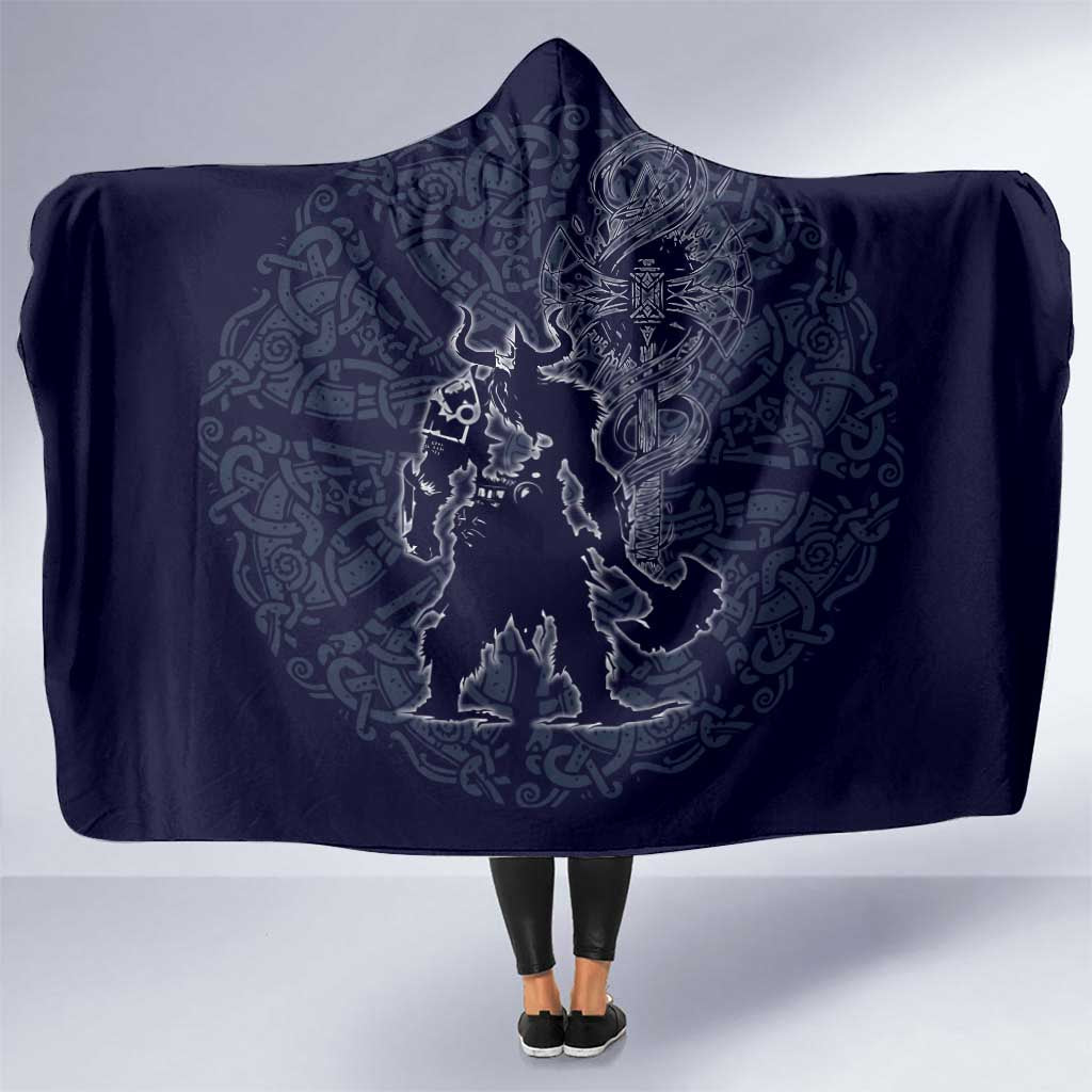 Odin Silhouette with Raven and Valknut Hooded Blanket Nordic Mythology Line Art Illustration