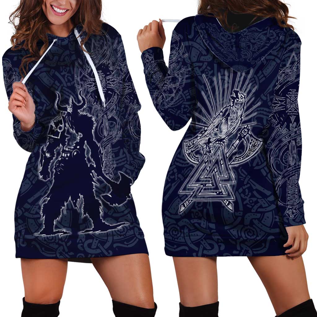 Odin Silhouette with Raven and Valknut Hoodie Dress Nordic Mythology Line Art Illustration