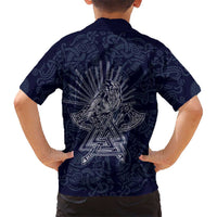 Odin Silhouette with Raven and Valknut Kid Hawaiian Shirt Nordic Mythology Line Art Illustration