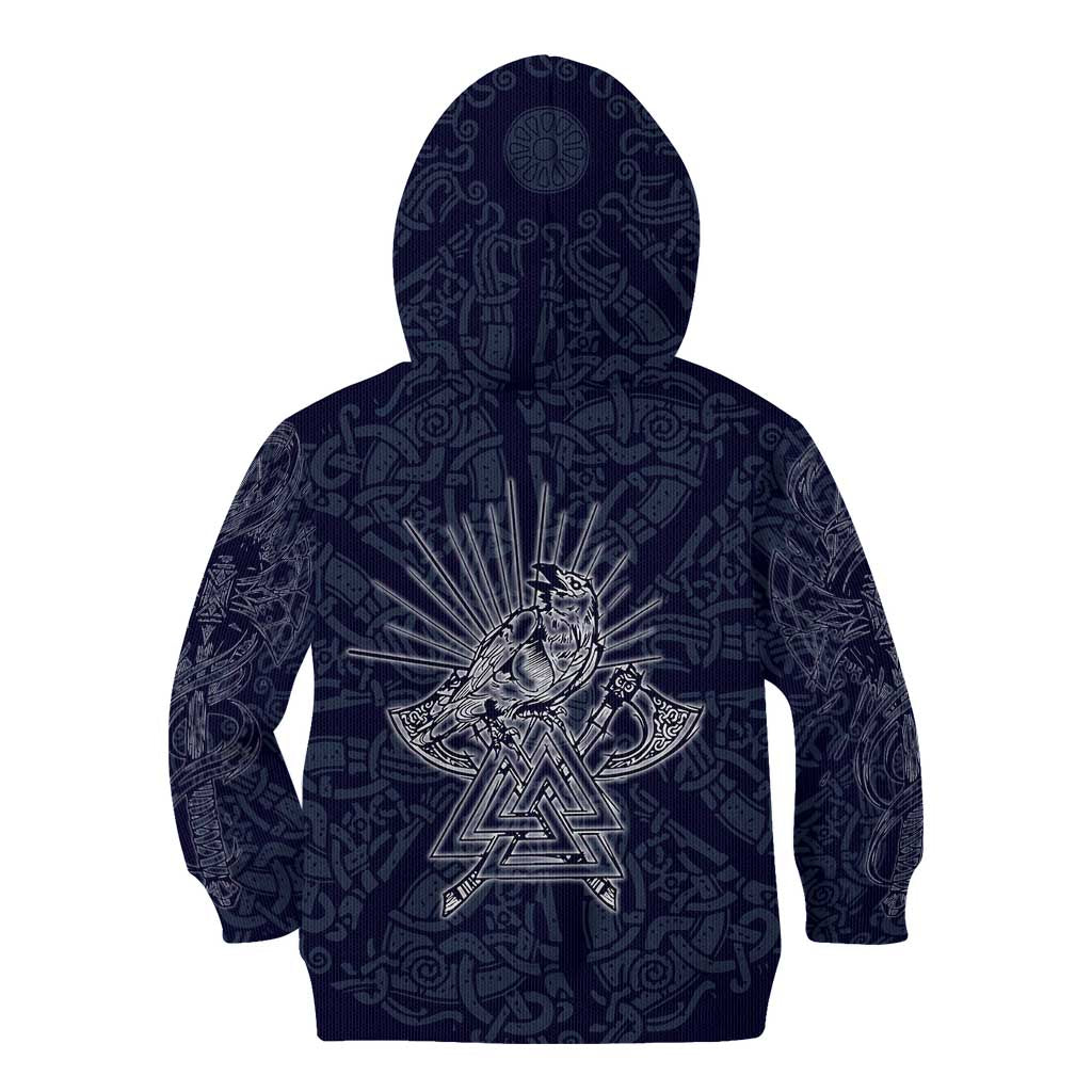 Odin Silhouette with Raven and Valknut Kid Hoodie Nordic Mythology Line Art Illustration