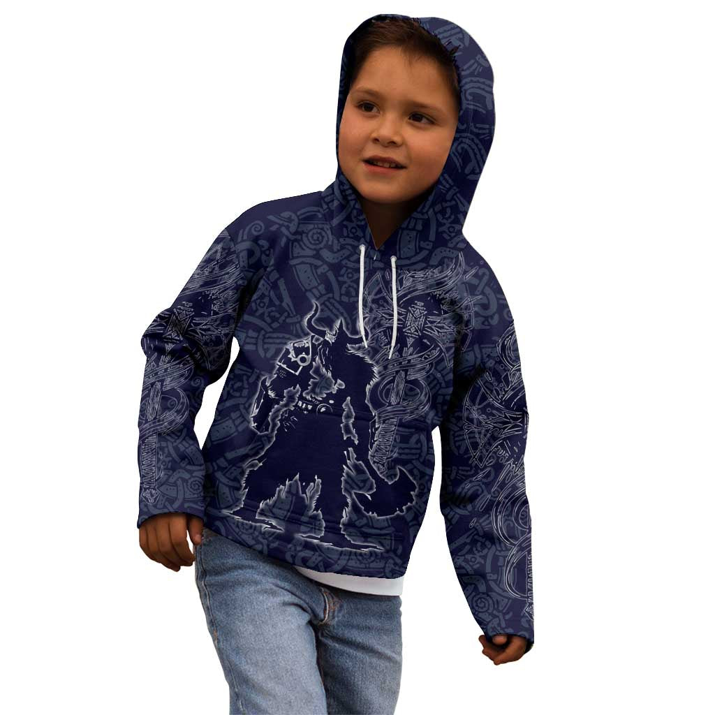 Odin Silhouette with Raven and Valknut Kid Hoodie Nordic Mythology Line Art Illustration