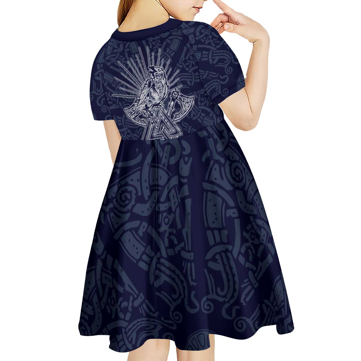 Odin Silhouette with Raven and Valknut Kid Short Sleeve Dress Nordic Mythology Line Art Illustration