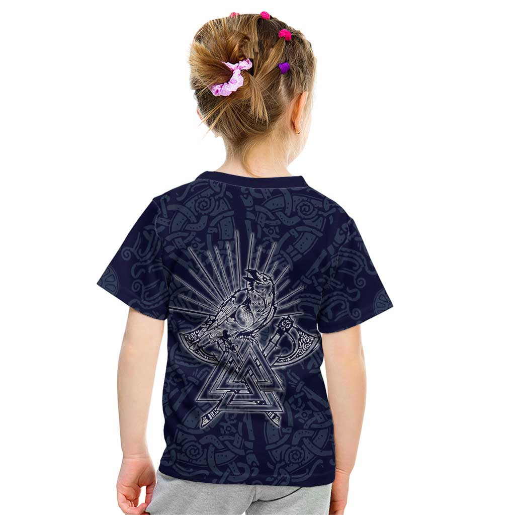 Odin Silhouette with Raven and Valknut Kid T Shirt Nordic Mythology Line Art Illustration