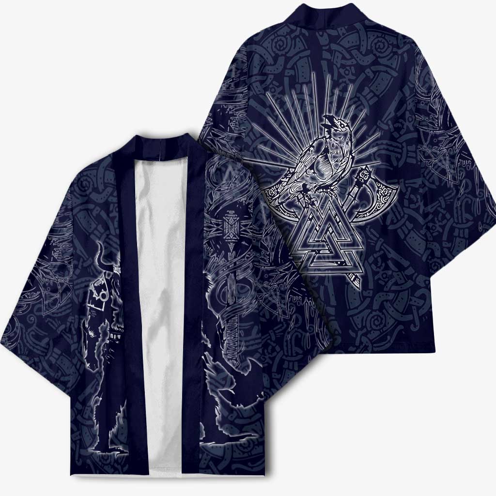 Odin Silhouette with Raven and Valknut Kimono Nordic Mythology Line Art Illustration