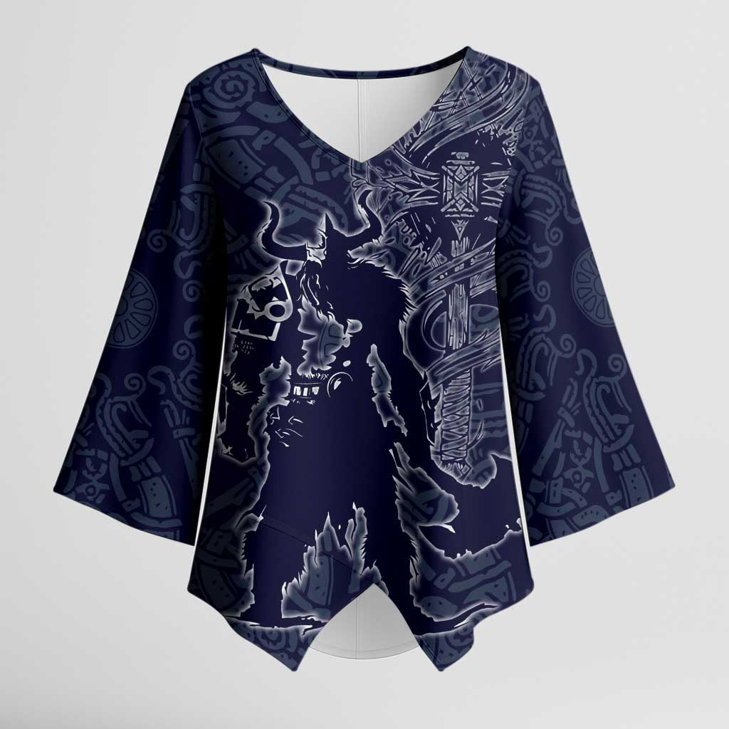 Odin Silhouette with Raven and Valknut Kimono Sleeve Blouse Nordic Mythology Line Art Illustration