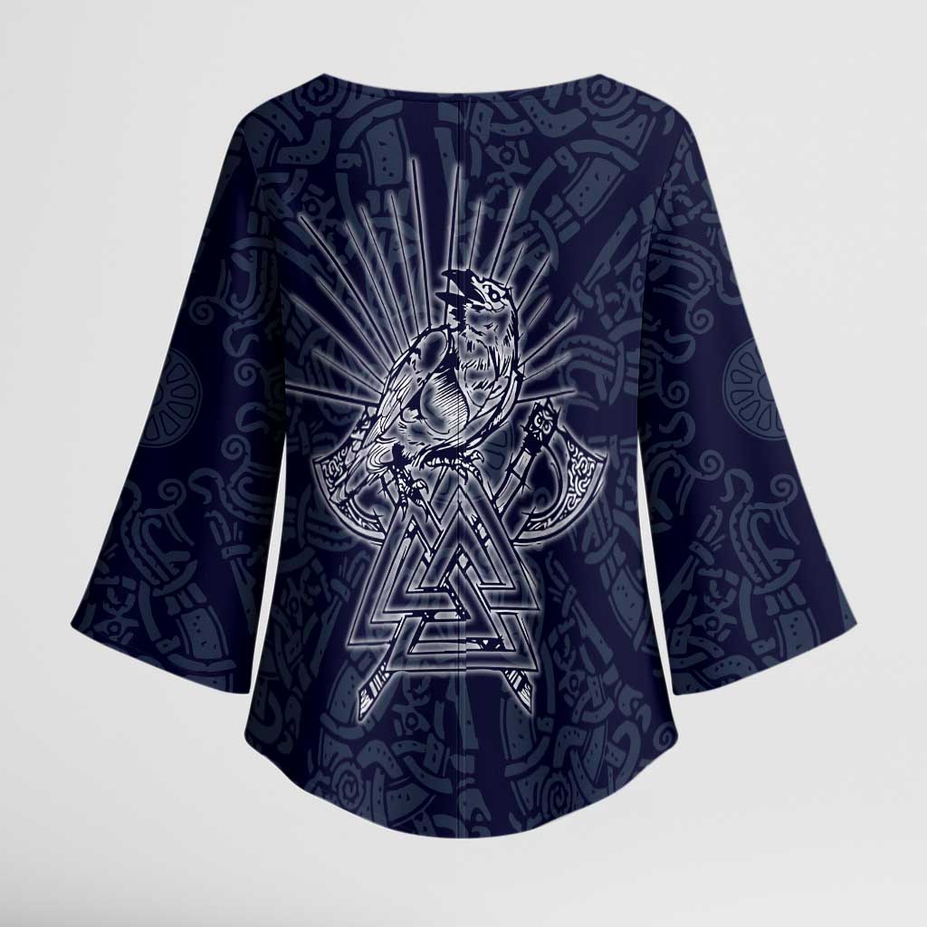 Odin Silhouette with Raven and Valknut Kimono Sleeve Blouse Nordic Mythology Line Art Illustration