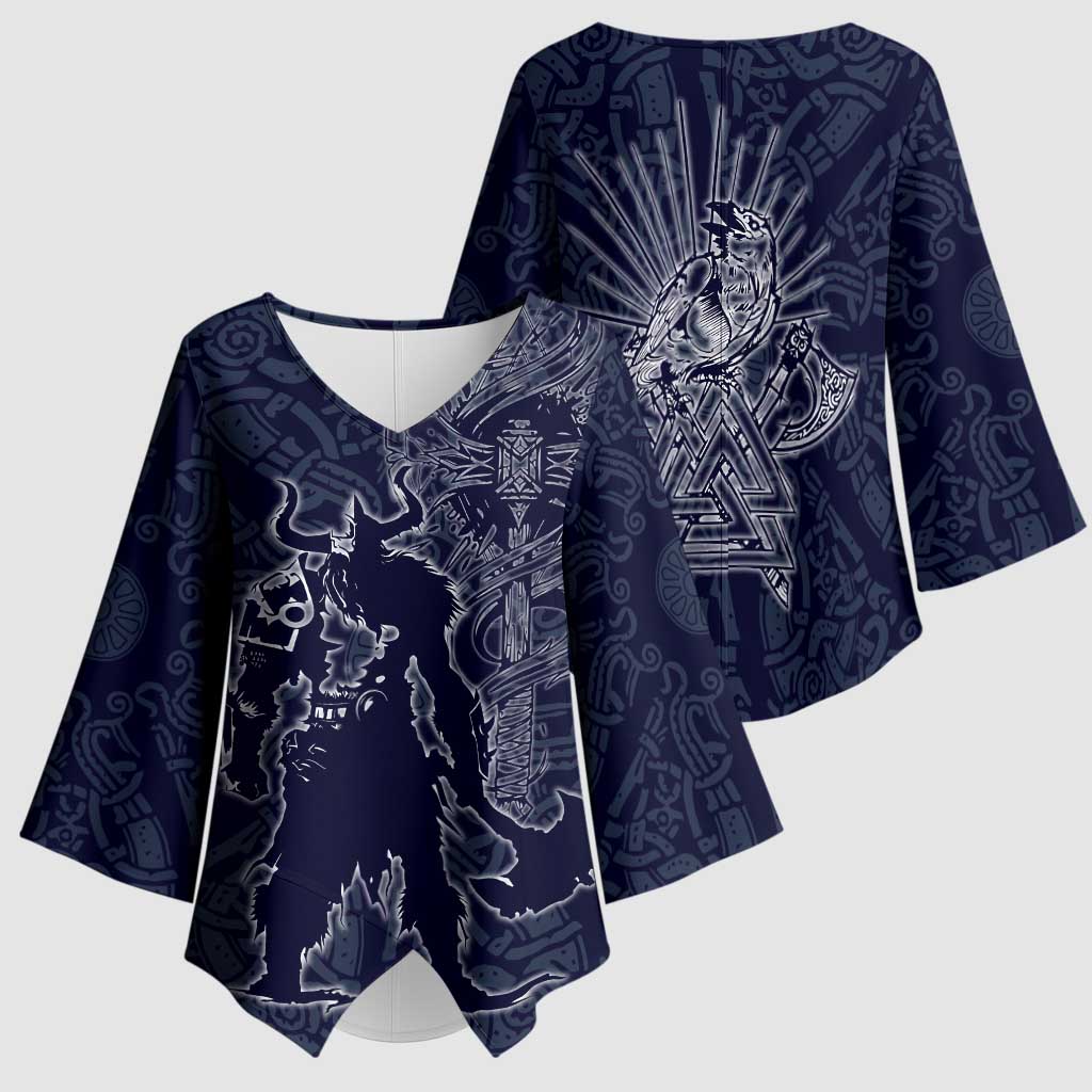 Odin Silhouette with Raven and Valknut Kimono Sleeve Blouse Nordic Mythology Line Art Illustration