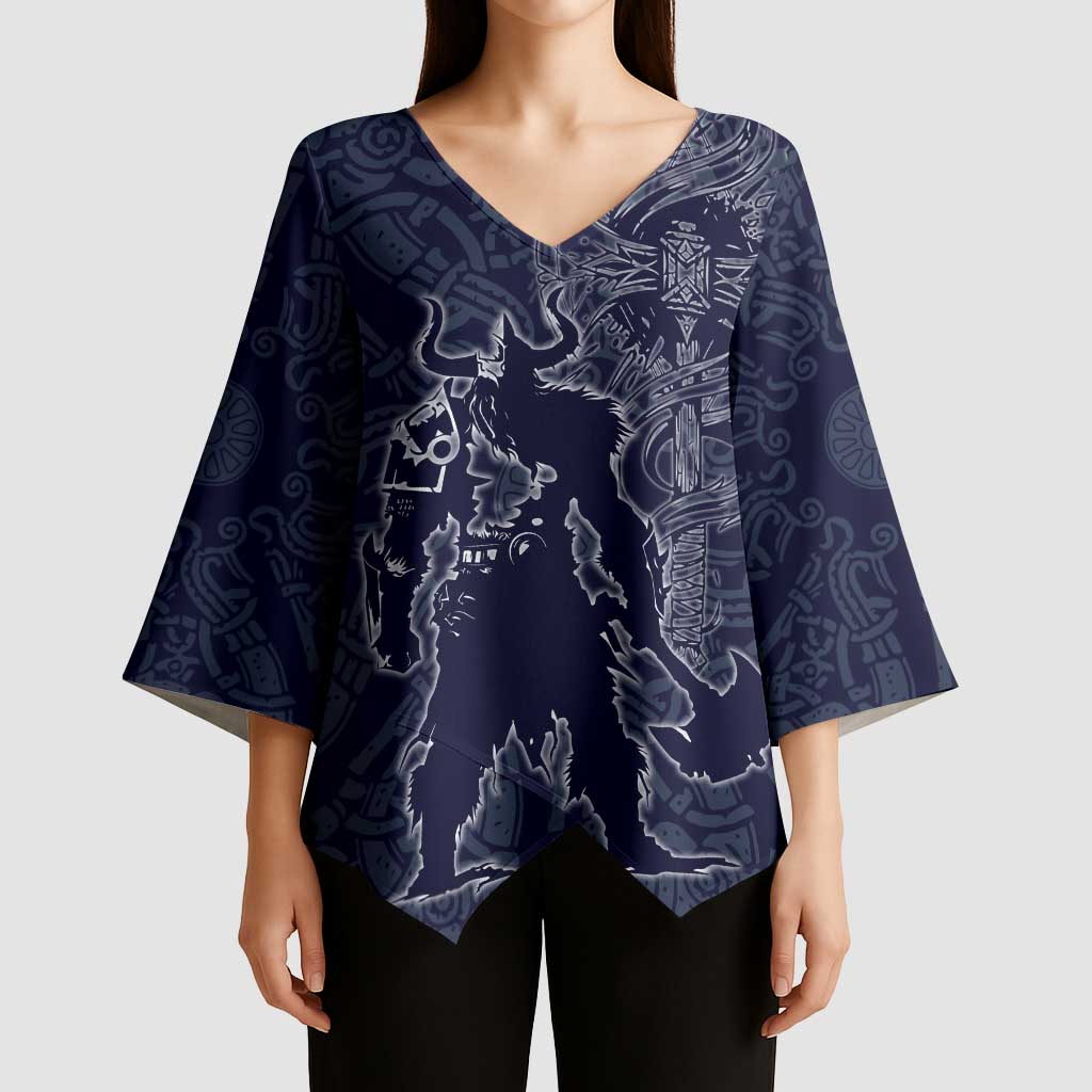 Odin Silhouette with Raven and Valknut Kimono Sleeve Blouse Nordic Mythology Line Art Illustration