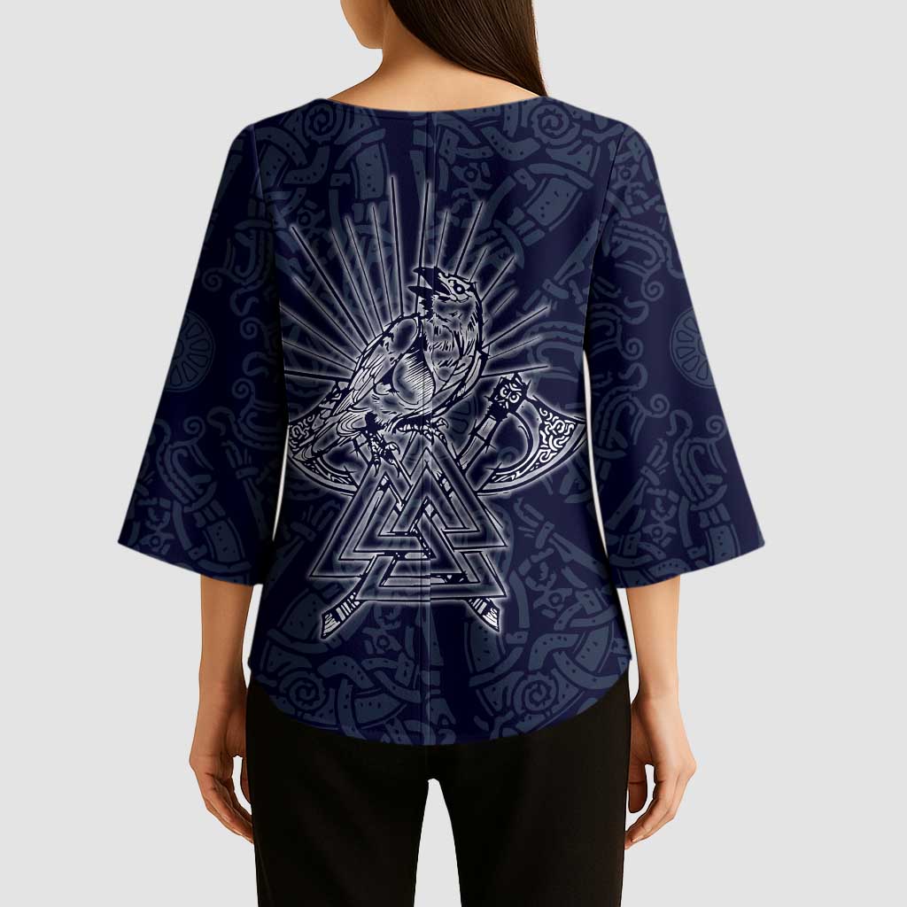 Odin Silhouette with Raven and Valknut Kimono Sleeve Blouse Nordic Mythology Line Art Illustration