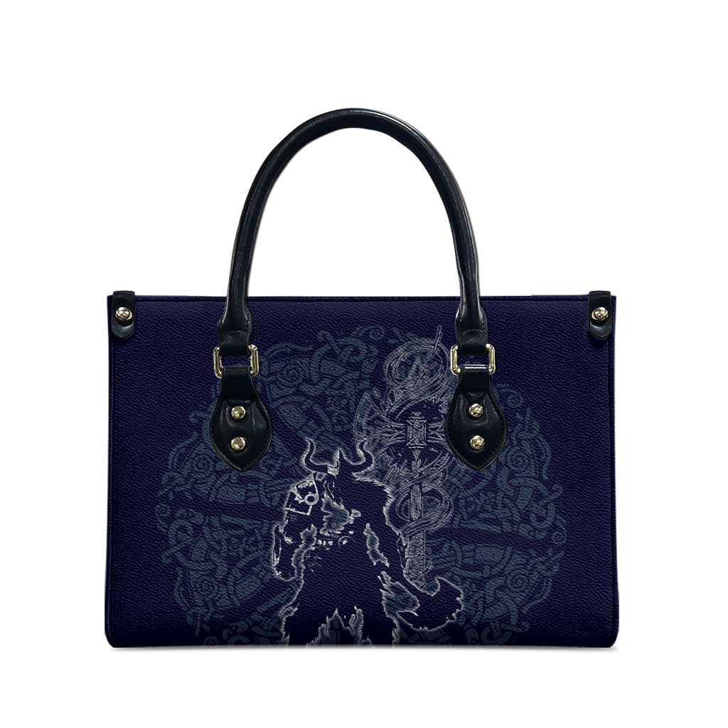 Odin Silhouette with Raven and Valknut Leather Bag Nordic Mythology Line Art Illustration