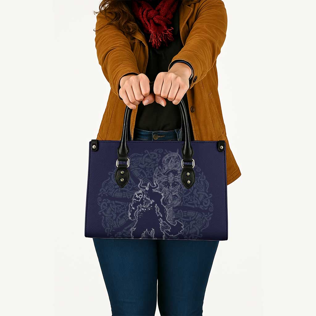 Odin Silhouette with Raven and Valknut Leather Bag Nordic Mythology Line Art Illustration