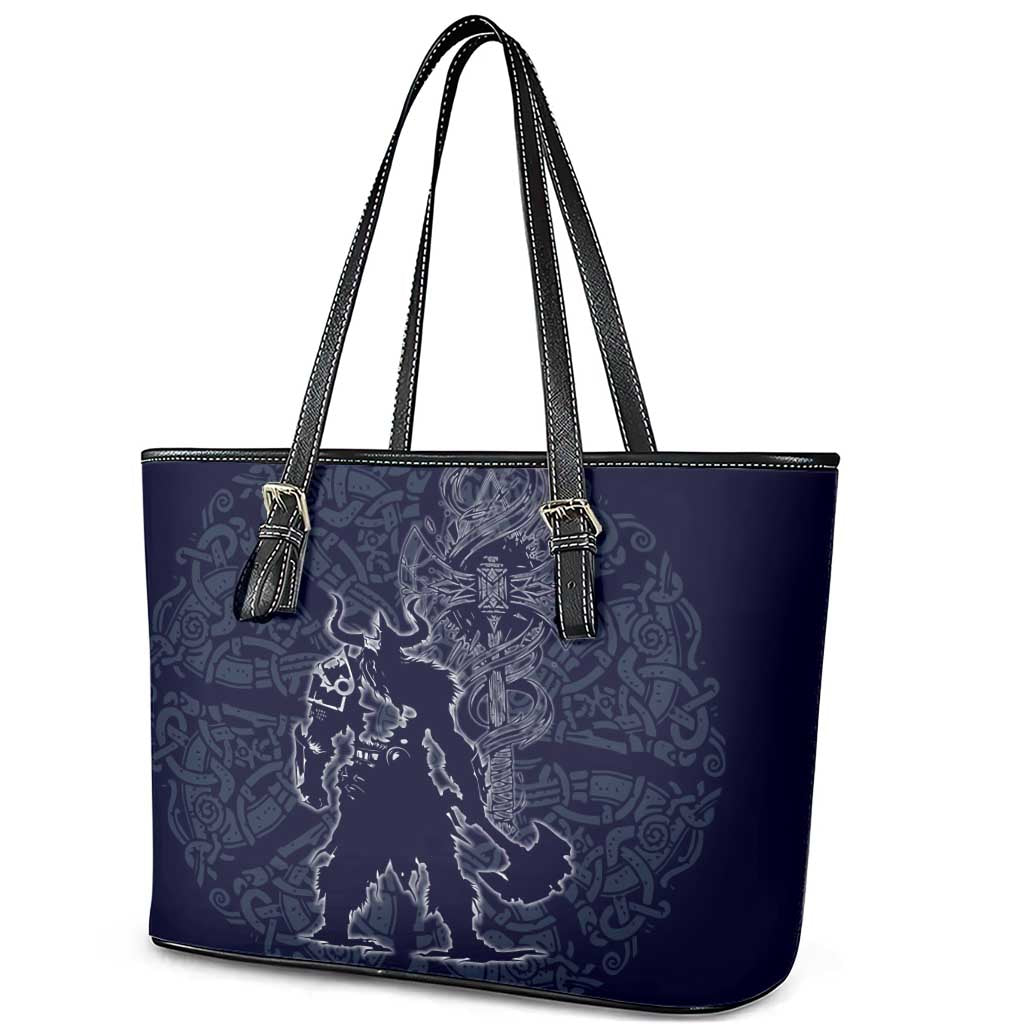 Odin Silhouette with Raven and Valknut Leather Tote Bag Nordic Mythology Line Art Illustration