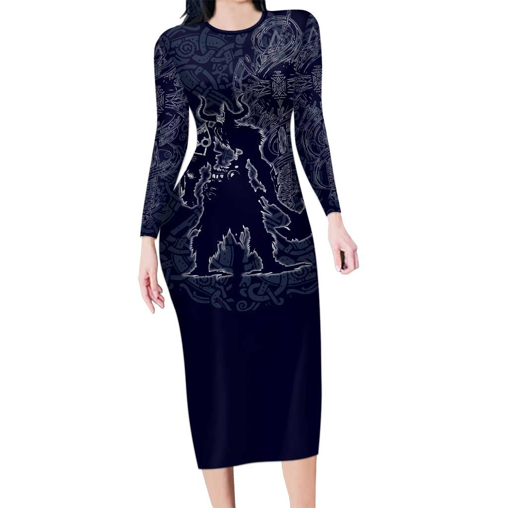 Odin Silhouette with Raven and Valknut Long Sleeve Bodycon Dress Nordic Mythology Line Art Illustration