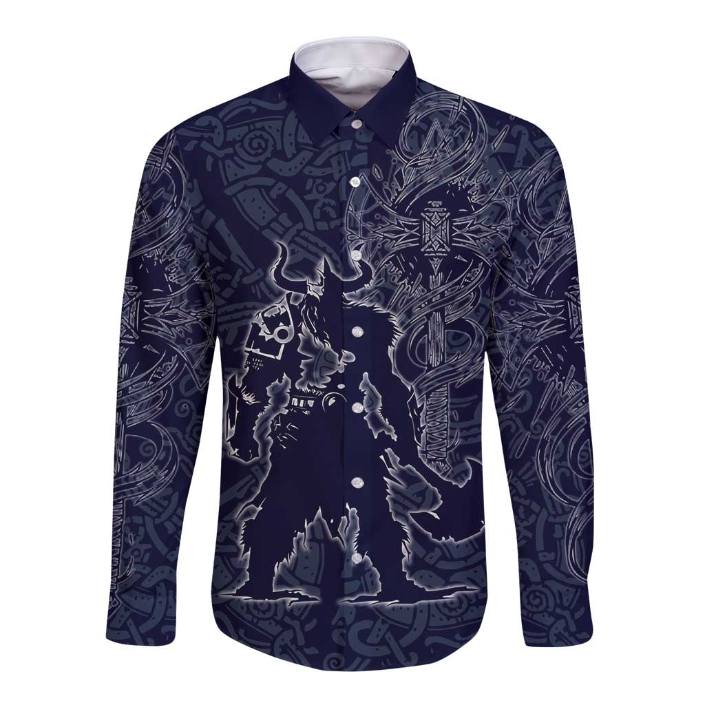 Odin Silhouette with Raven and Valknut Long Sleeve Button Shirt Nordic Mythology Line Art Illustration
