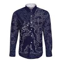 Odin Silhouette with Raven and Valknut Long Sleeve Button Shirt Nordic Mythology Line Art Illustration