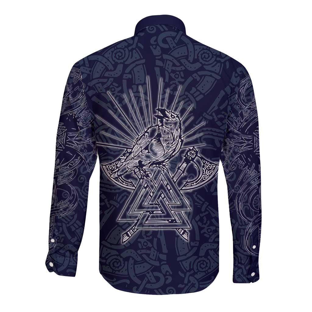 Odin Silhouette with Raven and Valknut Long Sleeve Button Shirt Nordic Mythology Line Art Illustration