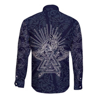 Odin Silhouette with Raven and Valknut Long Sleeve Button Shirt Nordic Mythology Line Art Illustration