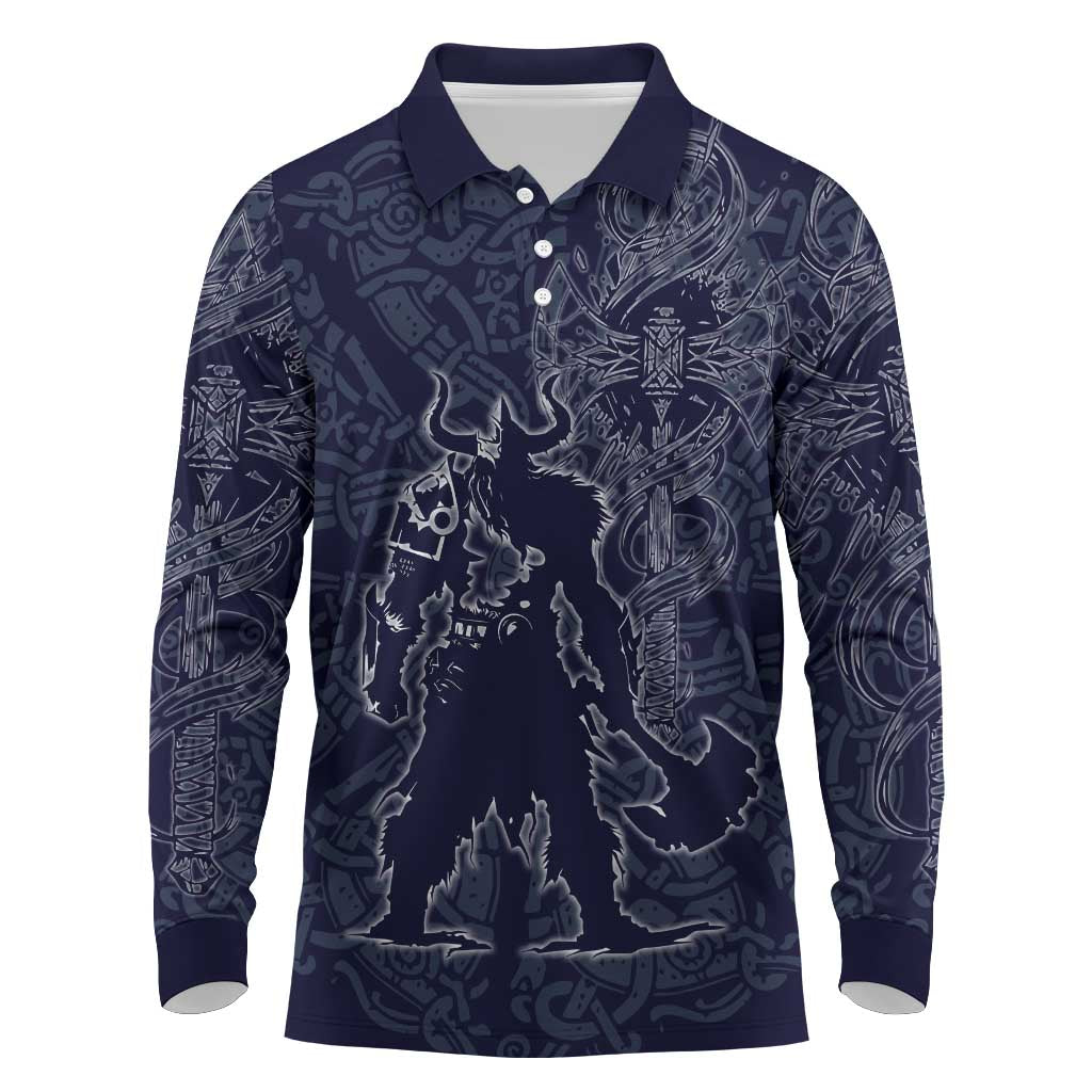 Odin Silhouette with Raven and Valknut Long Sleeve Polo Shirt Nordic Mythology Line Art Illustration