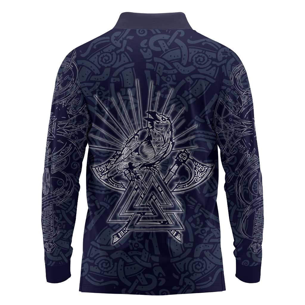 Odin Silhouette with Raven and Valknut Long Sleeve Polo Shirt Nordic Mythology Line Art Illustration