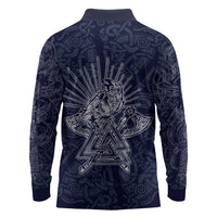 Odin Silhouette with Raven and Valknut Long Sleeve Polo Shirt Nordic Mythology Line Art Illustration