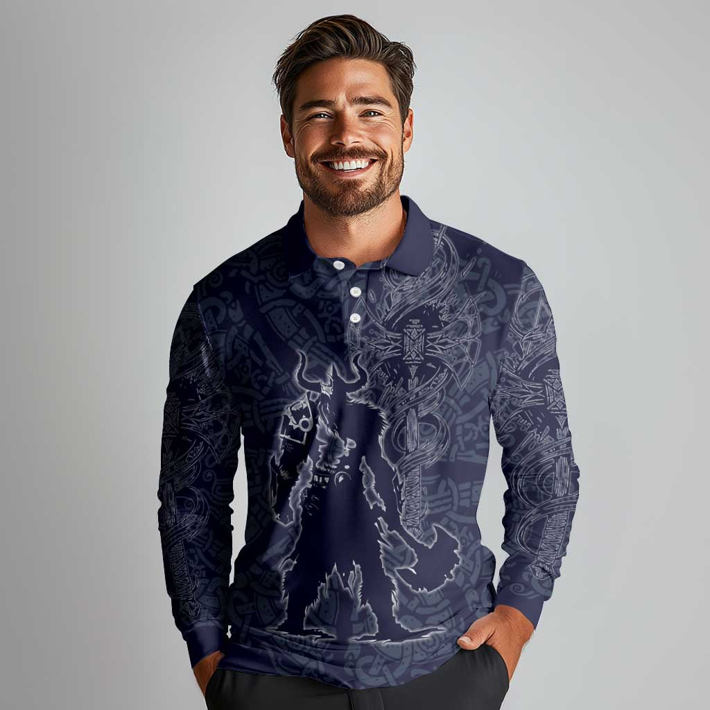 Odin Silhouette with Raven and Valknut Long Sleeve Polo Shirt Nordic Mythology Line Art Illustration