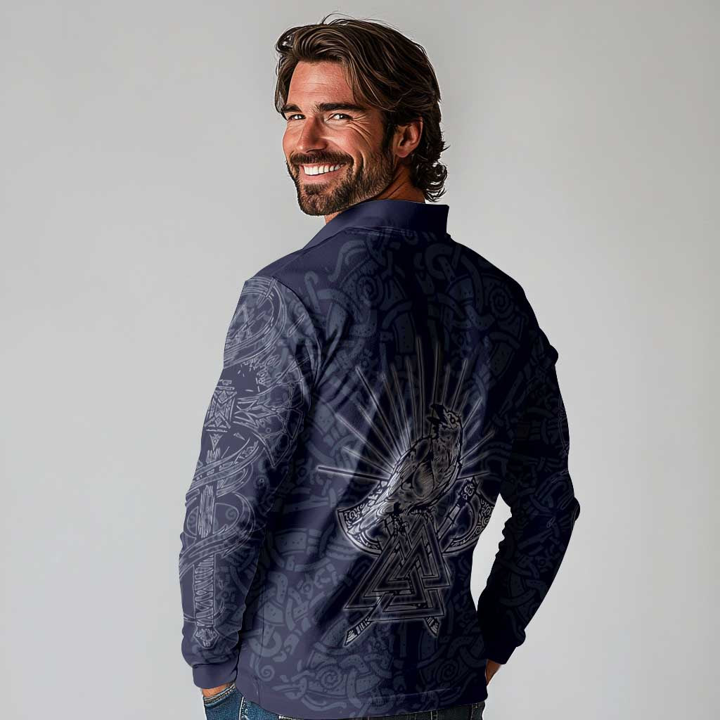 Odin Silhouette with Raven and Valknut Long Sleeve Polo Shirt Nordic Mythology Line Art Illustration