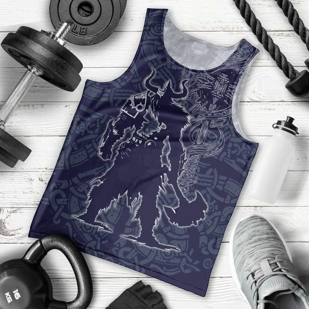 Odin Silhouette with Raven and Valknut Men Tank Top Nordic Mythology Line Art Illustration