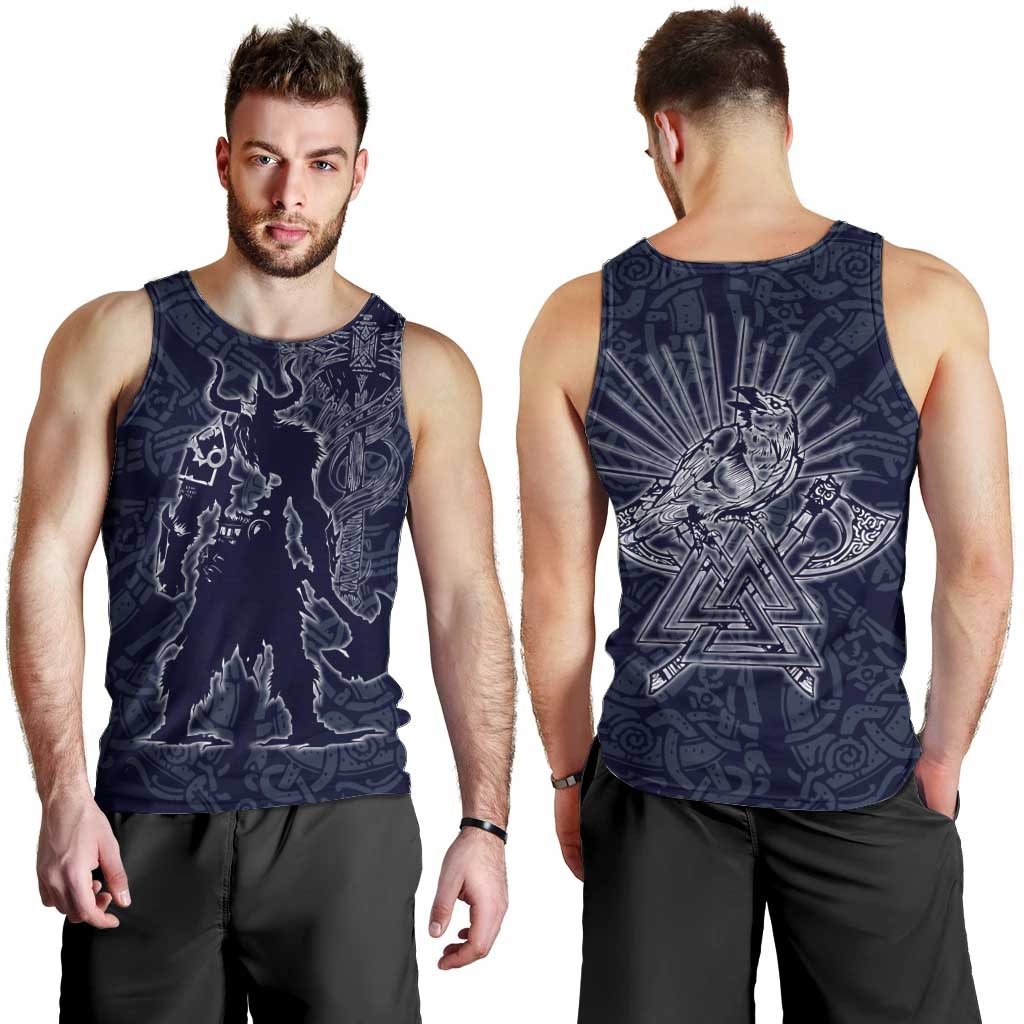 Odin Silhouette with Raven and Valknut Men Tank Top Nordic Mythology Line Art Illustration