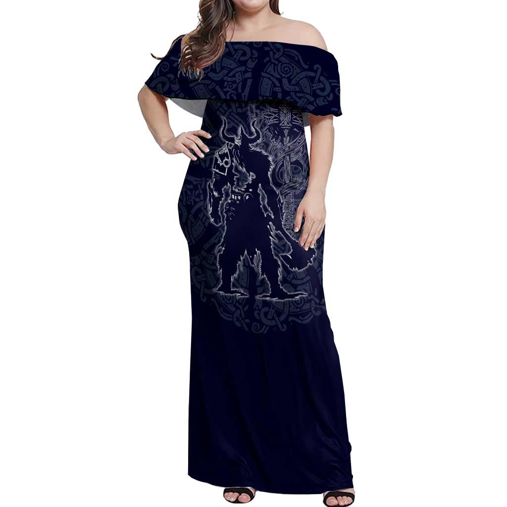 Odin Silhouette with Raven and Valknut Off Shoulder Maxi Dress Nordic Mythology Line Art Illustration
