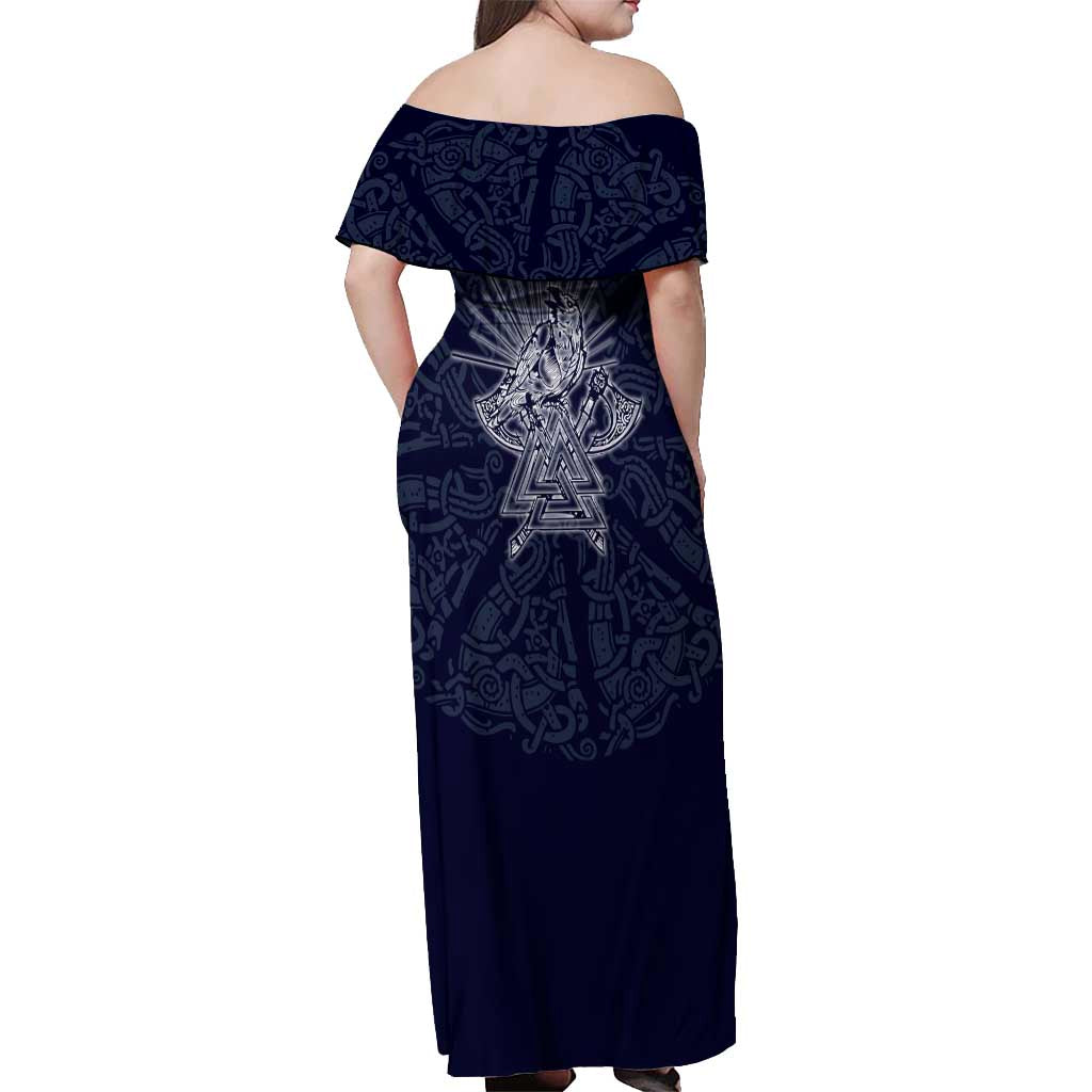 Odin Silhouette with Raven and Valknut Off Shoulder Maxi Dress Nordic Mythology Line Art Illustration