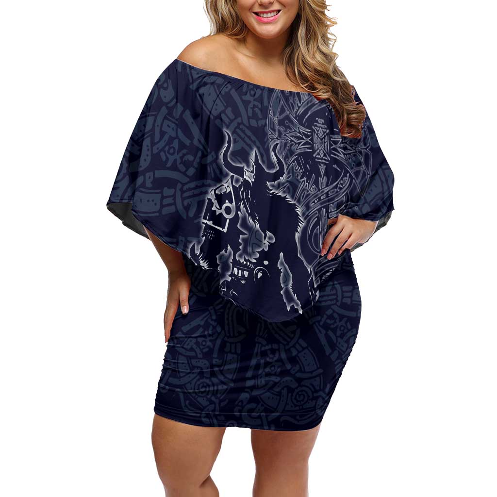 Odin Silhouette with Raven and Valknut Off Shoulder Short Dress Nordic Mythology Line Art Illustration