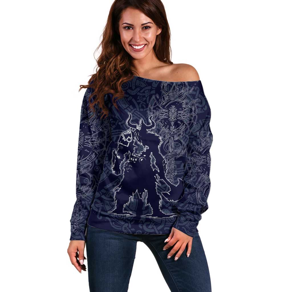 Odin Silhouette with Raven and Valknut Off Shoulder Sweater Nordic Mythology Line Art Illustration